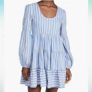 En Saison Cottage Core Preppy Blue & Yellow Striped Tiered Balloon Slv Dress
